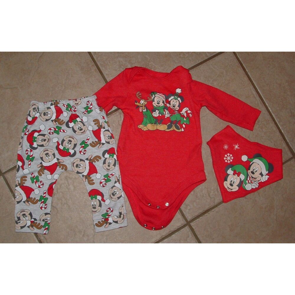 NEW Unisex Sz 3-6 Months Christmas Holiday MICKEY & MINNIE MOUSE Shirt & Bib Set